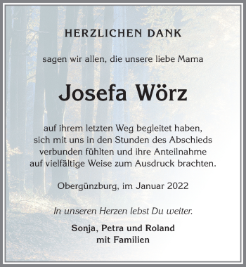 Traueranzeige von Josefa Wörz von Allgäuer Zeitung, Marktoberdorf