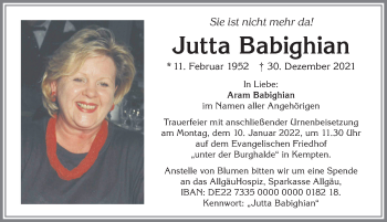Traueranzeige von Jutta Babighian von Allgäuer Zeitung,Kempten