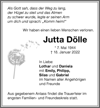 Traueranzeige von Jutta Dölle von Memminger Zeitung