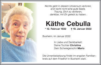 Traueranzeige von Käthe Cebulla von Memminger Zeitung