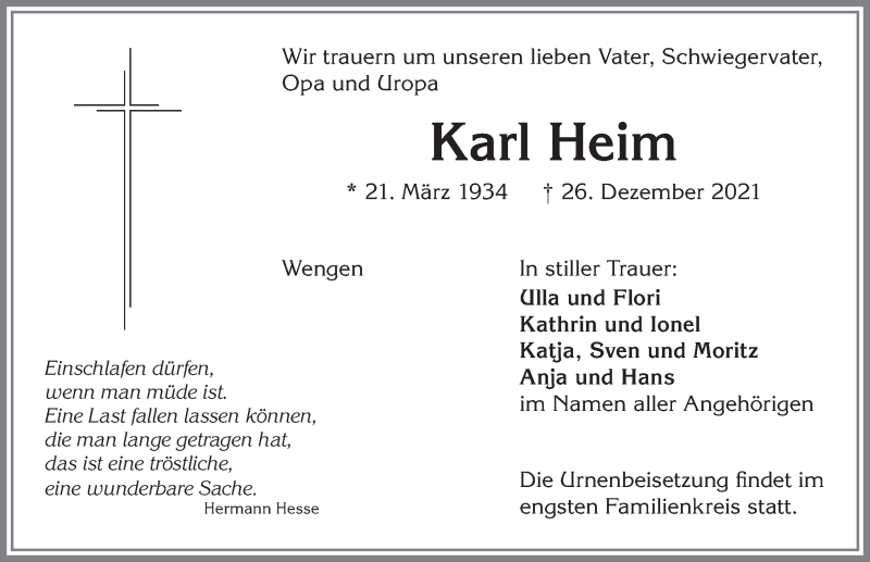  Traueranzeige für Karl Heim vom 11.01.2022 aus Allgäuer Zeitung,Kempten