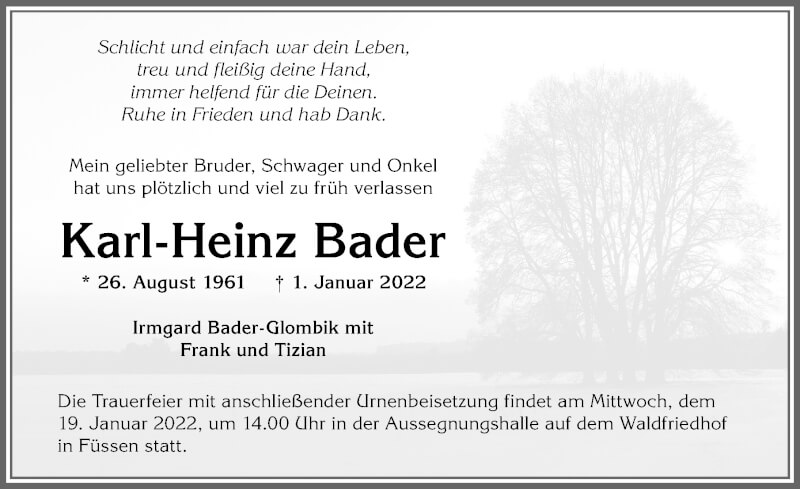 Traueranzeige für Karl-Heinz Bader vom 15.01.2022 aus Allgäuer Zeitung, Füssen