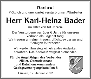 Traueranzeige von Karl-Heinz Bader von Allgäuer Zeitung, Füssen