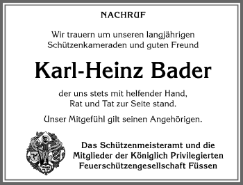 Traueranzeige von Karl-Heinz Bader von Allgäuer Zeitung, Füssen