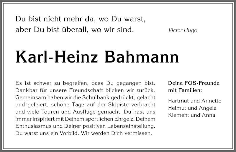  Traueranzeige für Karl-Heinz Bahmann vom 15.01.2022 aus Allgäuer Anzeigeblatt