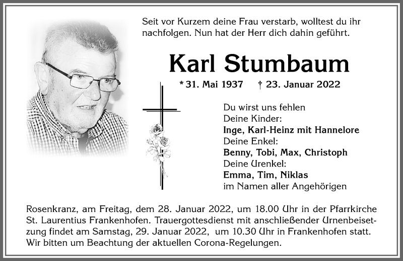  Traueranzeige für Karl Stumbaum vom 27.01.2022 aus Allgäuer Zeitung, Kaufbeuren/Buchloe