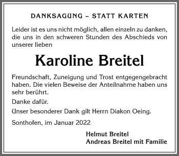 Traueranzeige von Karoline Breitel von Allgäuer Anzeigeblatt