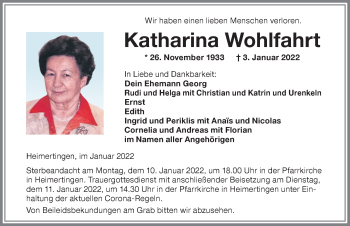 Traueranzeige von Katharina Wohlfahrt von Memminger Zeitung