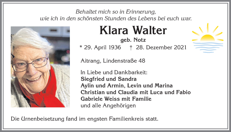  Traueranzeige für Klara Walter vom 25.01.2022 aus Allgäuer Zeitung, Marktoberdorf