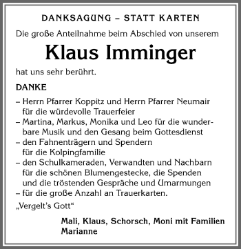 Traueranzeige von Klaus Imminger von Allgäuer Anzeigeblatt