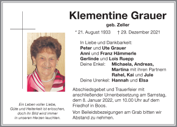 Traueranzeige von Klementine Grauer von Memminger Zeitung