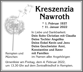 Traueranzeige von Kreszenzia Nawroth von Allgäuer Zeitung,Kempten