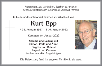 Traueranzeige von Kurt Epp von Allgäuer Zeitung,Kempten