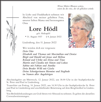 Traueranzeige von Lore Hödl von Der Westallgäuer