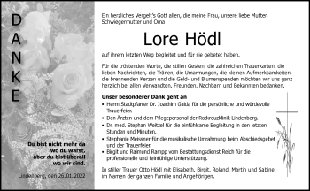 Traueranzeige von Lore Hödl von Der Westallgäuer