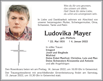 Traueranzeige von Ludovika Mayer von Allgäuer Zeitung, Marktoberdorf