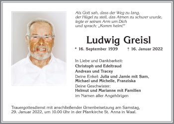 Traueranzeige von Ludwig Greisl von Allgäuer Zeitung, Kaufbeuren/Buchloe