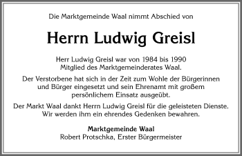 Traueranzeige von Ludwig Greisl von Allgäuer Zeitung, Kaufbeuren/Buchloe