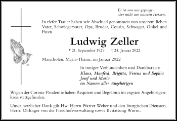 Traueranzeige von Ludwig Zeller von Der Westallgäuer
