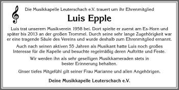 Traueranzeige von Luis Epple von Allgäuer Zeitung, Marktoberdorf