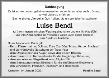 Traueranzeige von Luise Bendl von Allgäuer Zeitung,Kempten