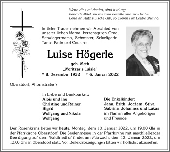 Traueranzeige von Luise Högerle von Allgäuer Anzeigeblatt