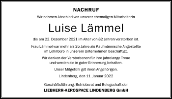 Traueranzeige von Luise Lämmel von Der Westallgäuer