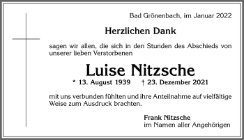 Traueranzeige von Luise Nitzsche von Memminger Zeitung