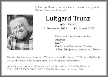 Traueranzeige von Luitgard Trunz von Allgäuer Zeitung, Kaufbeuren/Buchloe