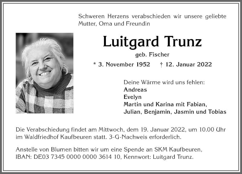  Traueranzeige für Luitgard Trunz vom 15.01.2022 aus Allgäuer Zeitung, Kaufbeuren/Buchloe
