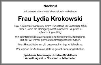 Traueranzeige von Lydia Krokowski von Memminger Zeitung