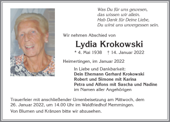Traueranzeige von Lydia Krokowski von Memminger Zeitung