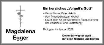 Traueranzeige von Magdalena Egger von Allgäuer Zeitung, Marktoberdorf