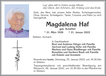 Traueranzeige von Magdalena Haf von Allgäuer Zeitung, Marktoberdorf