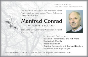 Traueranzeige von Manfred Conrad von Allgäuer Anzeigeblatt