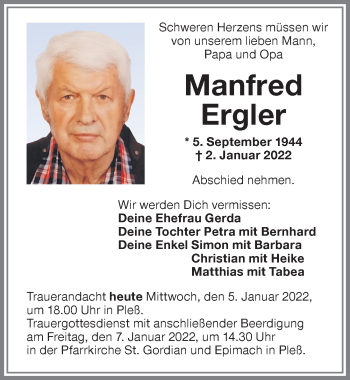 Traueranzeige von Manfred Ergler von Memminger Zeitung