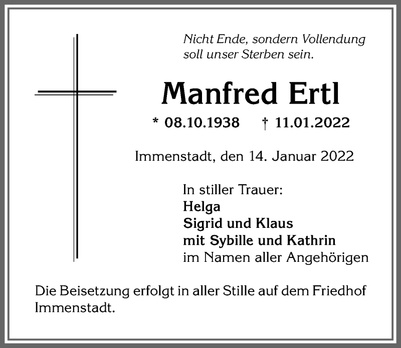  Traueranzeige für Manfred Ertl vom 14.01.2022 aus Allgäuer Anzeigeblatt