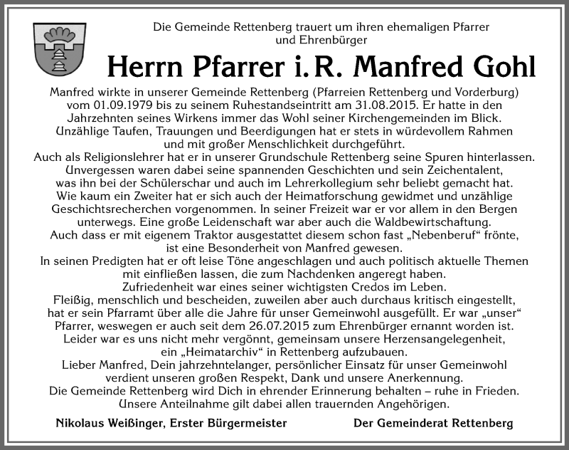  Traueranzeige für Manfred Gohl vom 27.01.2022 aus Allgäuer Zeitung,Kempten