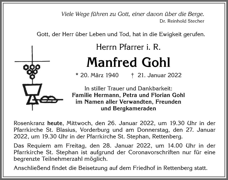  Traueranzeige für Manfred Gohl vom 26.01.2022 aus Allgäuer Anzeigeblatt