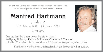 Traueranzeige von Manfred Hartmann von Allgäuer Zeitung,Kempten