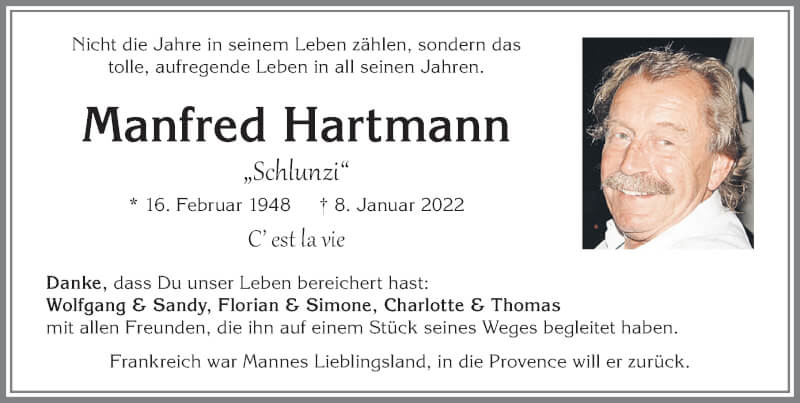  Traueranzeige für Manfred Hartmann vom 15.01.2022 aus Allgäuer Zeitung,Kempten