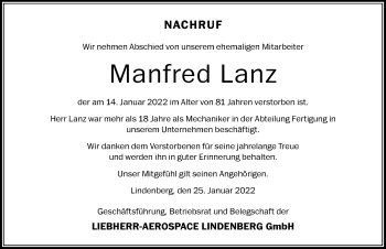 Traueranzeige von Manfred Lanz von Der Westallgäuer