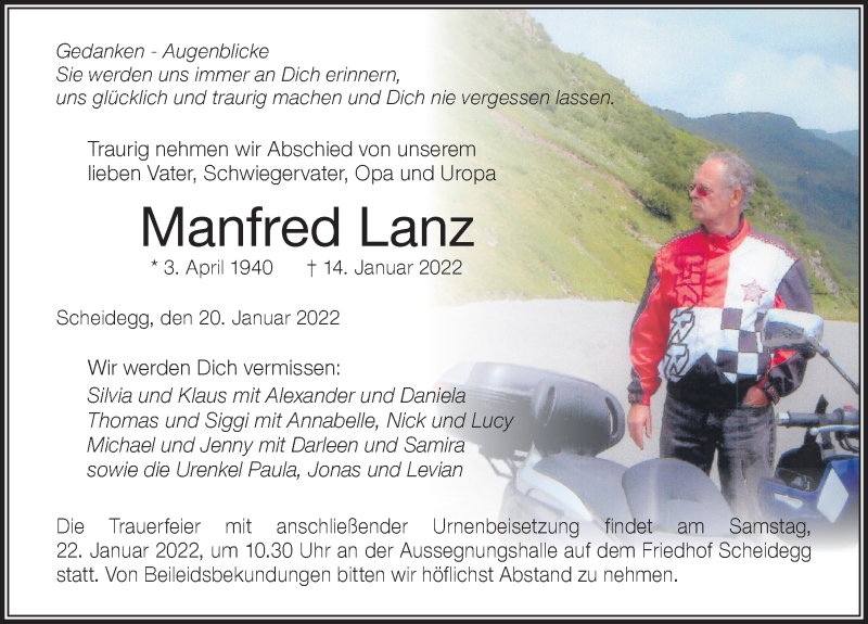  Traueranzeige für Manfred Lanz vom 20.01.2022 aus Der Westallgäuer