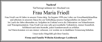 Traueranzeige von Maria Friedl von Allgäuer Zeitung, Füssen