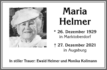 Traueranzeige von Maria Helmer von Allgäuer Zeitung, Marktoberdorf