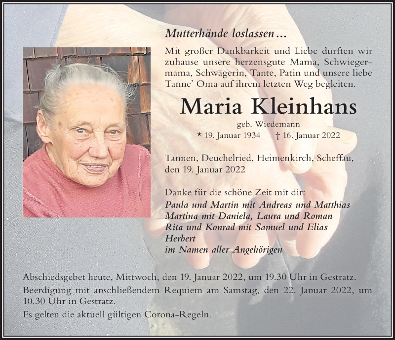  Traueranzeige für Maria Kleinhans vom 19.01.2022 aus Der Westallgäuer