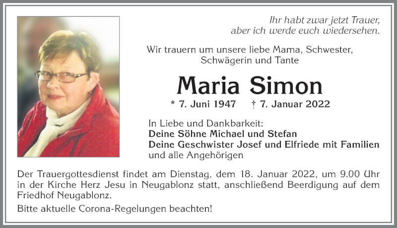  Traueranzeige für Maria Simon vom 15.01.2022 aus Allgäuer Zeitung, Kaufbeuren/Buchloe