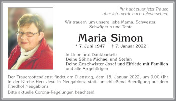 Traueranzeige von Maria Simon von Allgäuer Zeitung, Kaufbeuren/Buchloe