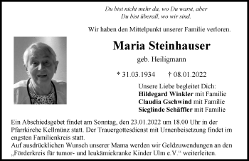 Traueranzeige von Maria Steinhauser von Memminger Zeitung