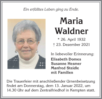 Traueranzeige von Maria Waldner von Allgäuer Zeitung,Kempten